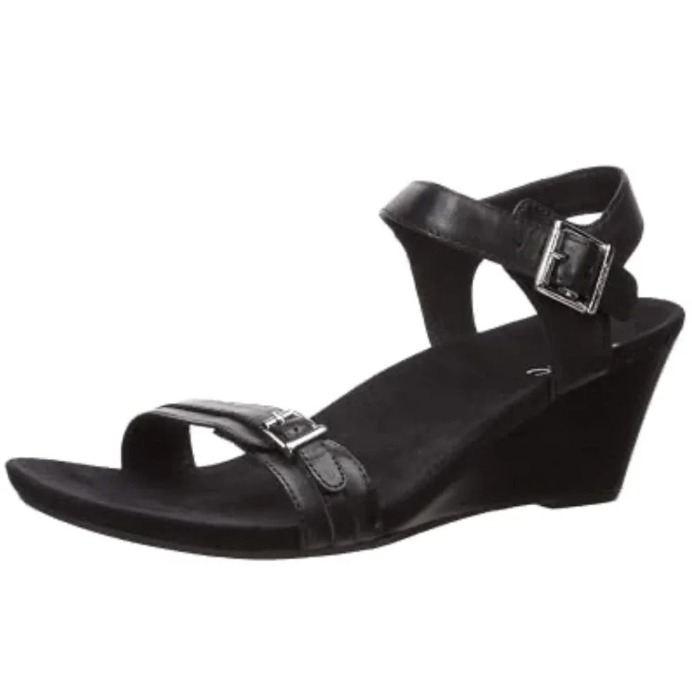 Vionic Noble Laurie Black Leather Wedge Sandals Women's Size 8